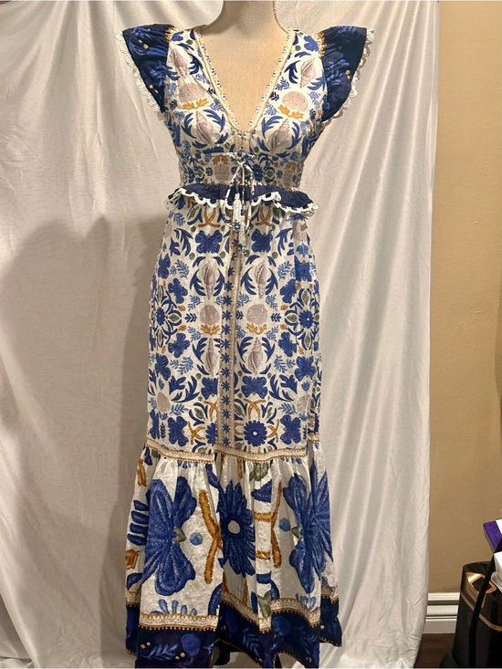 Caroline Constas Dresses & Skirts - Blue & White Floral Maxi Dress with Ruffle Waist